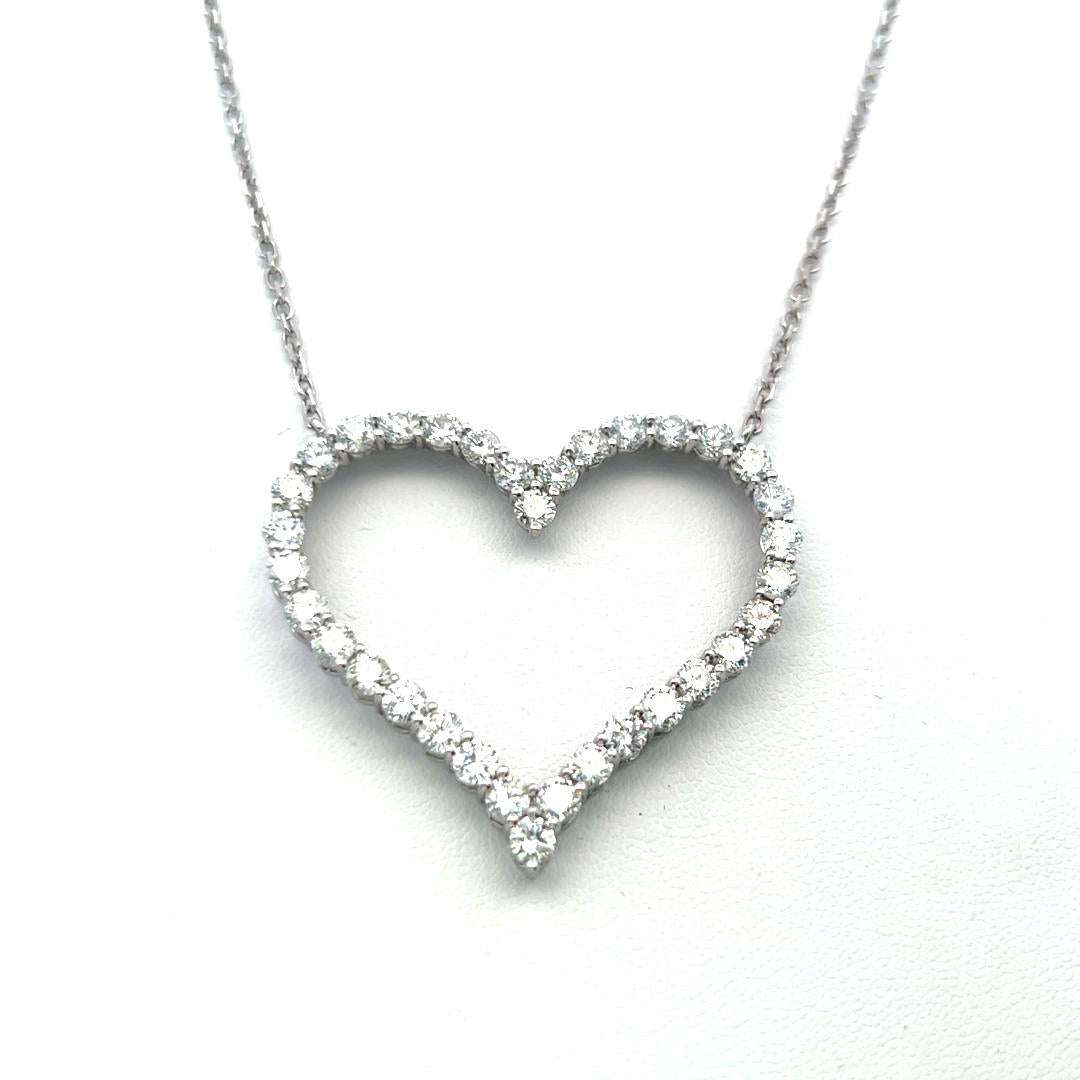 14K White Gold Heart Pendant Necklace with 3.5 Carat Round I-SI Diamonds