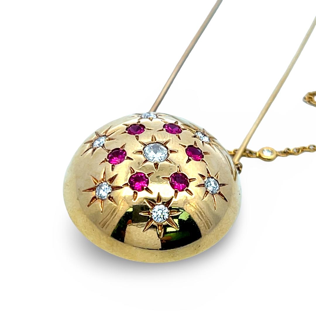 18K Yellow Gold Pin Brooch with 0.95 Carat Round H SI Diamonds & 0.84 Carat Ruby