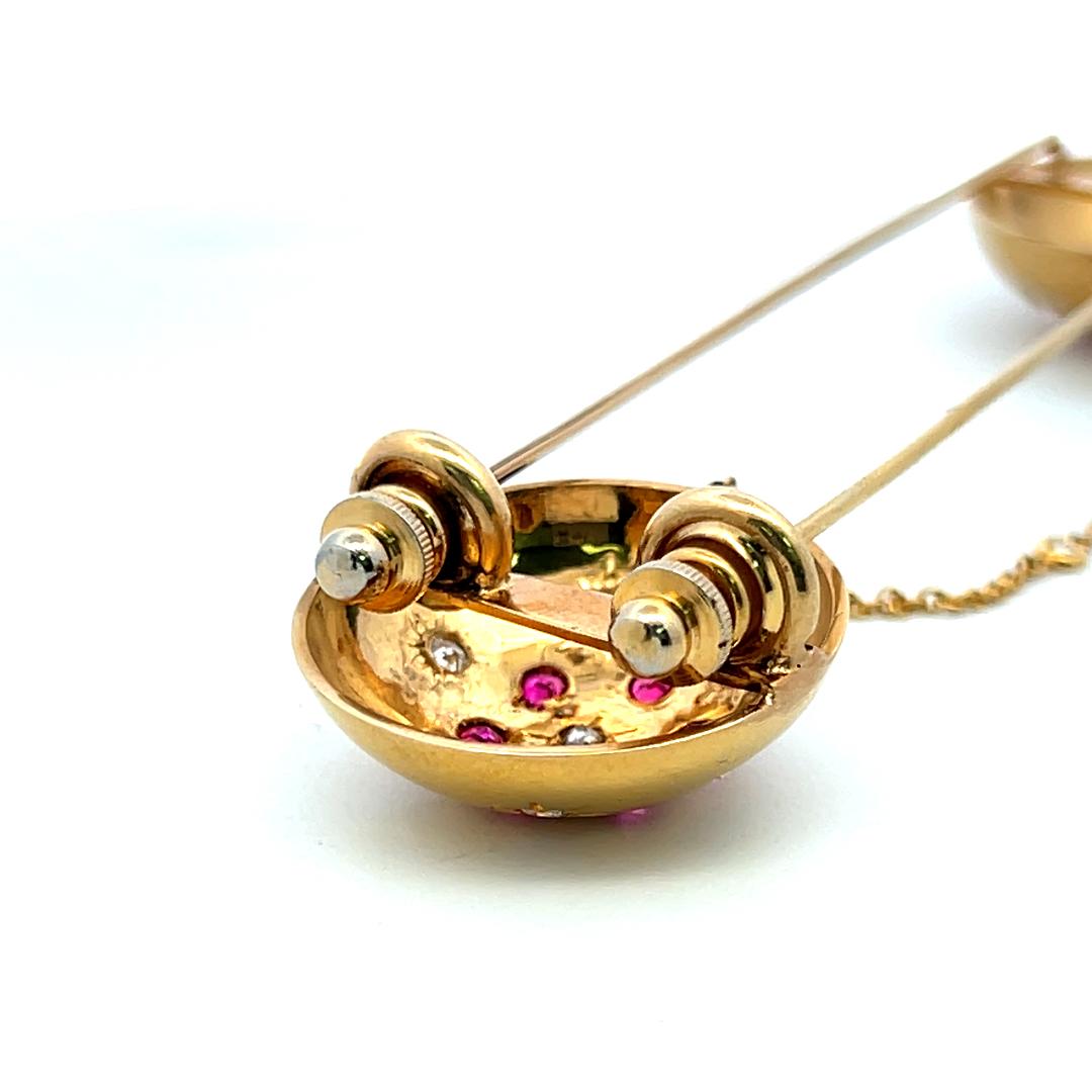 18K Yellow Gold Pin Brooch with 0.95 Carat Round H SI Diamonds & 0.84 Carat Ruby