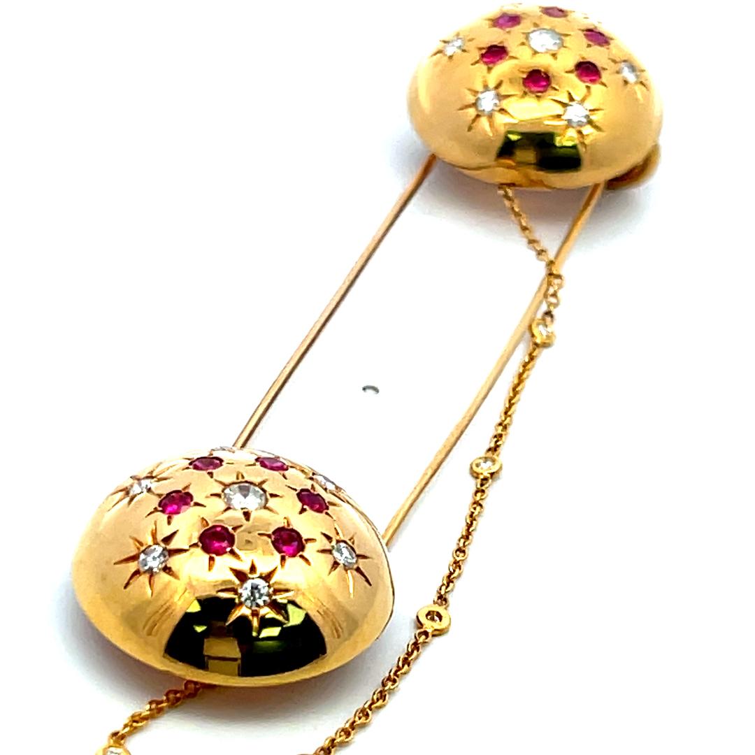 18K Yellow Gold Pin Brooch with 0.95 Carat Round H SI Diamonds & 0.84 Carat Ruby