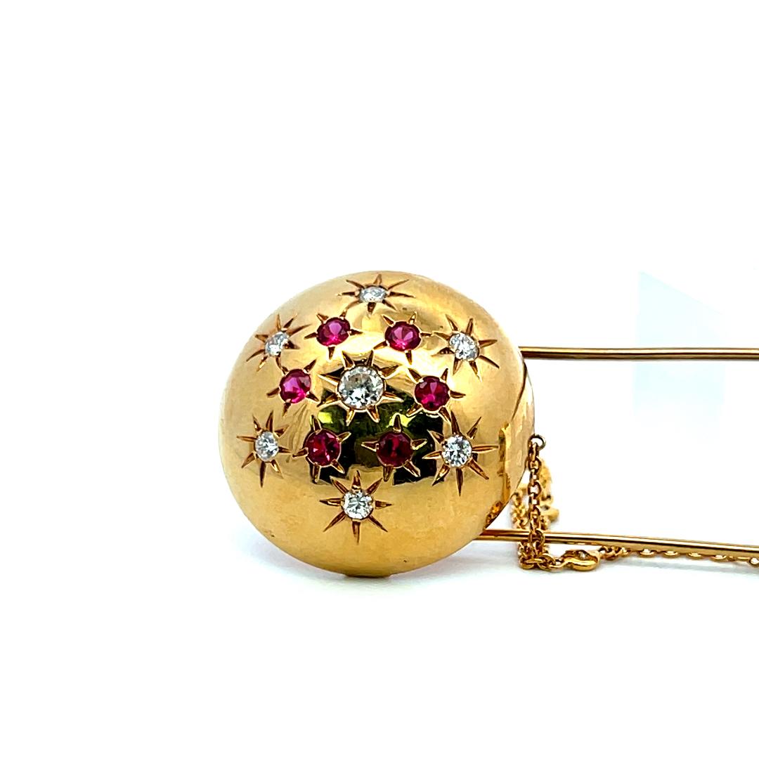 18K Yellow Gold Pin Brooch with 0.95 Carat Round H SI Diamonds & 0.84 Carat Ruby