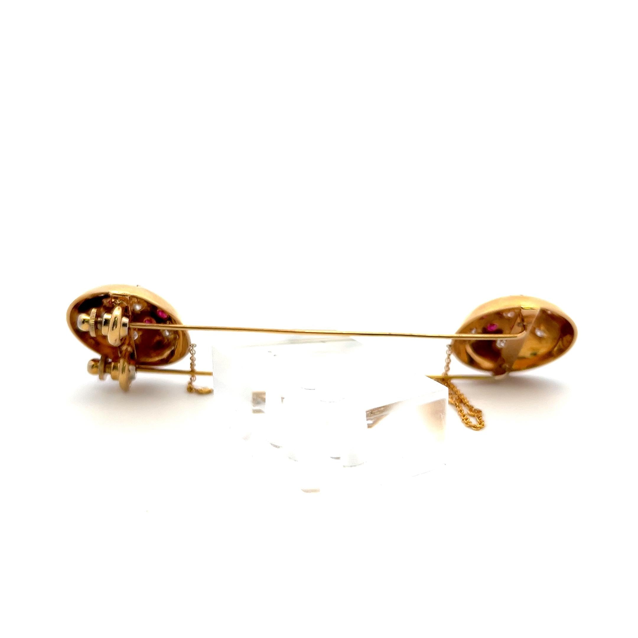 18K Yellow Gold Pin Brooch with 0.95 Carat Round H SI Diamonds & 0.84 Carat Ruby