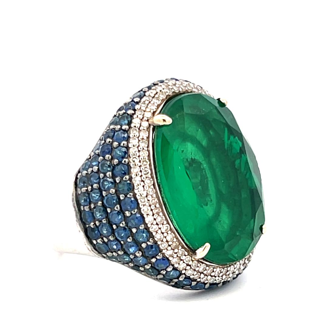 18K WG Cocktail Ring 0.5ct Round Diamonds 0.94ct Sapphire Size 6