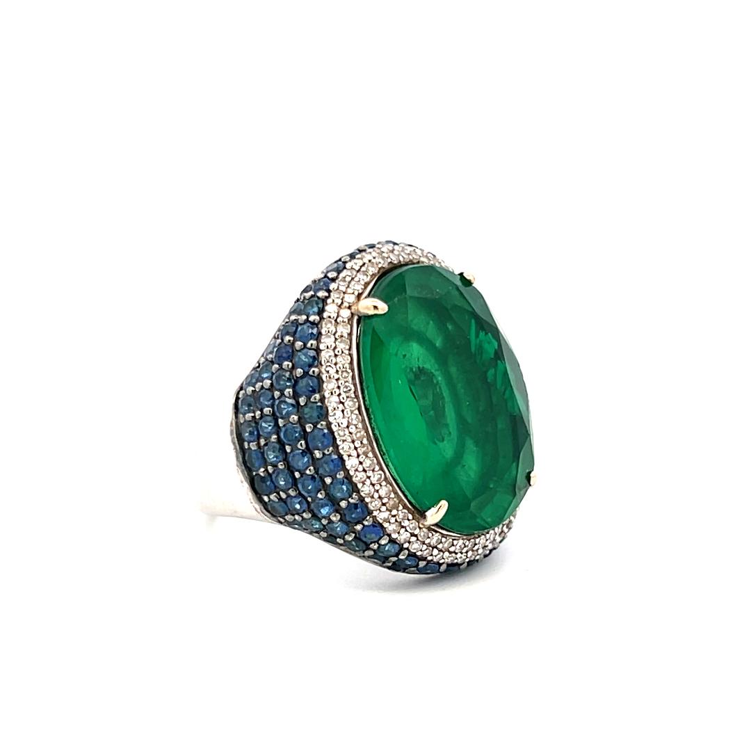 18K WG Cocktail Ring 0.5ct Round Diamonds 0.94ct Sapphire Size 6