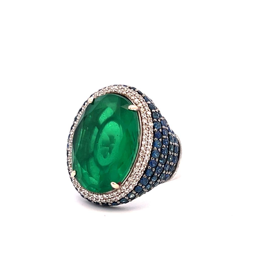18K WG Cocktail Ring 0.5ct Round Diamonds 0.94ct Sapphire Size 6