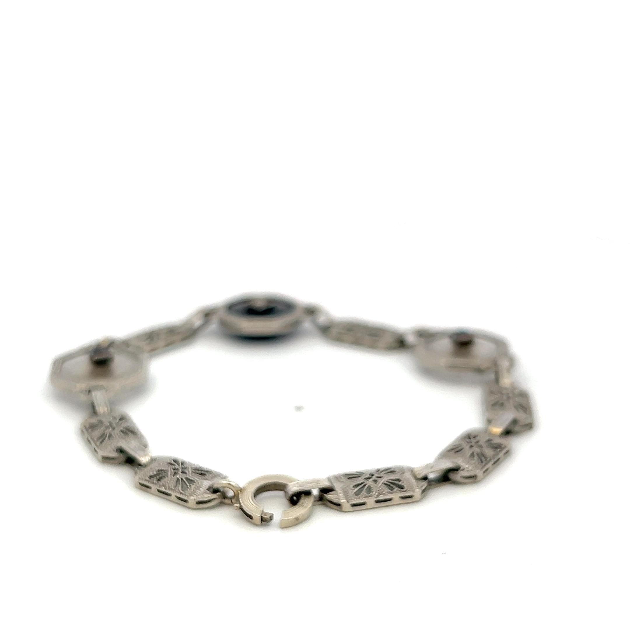 14K White Gold Filigree Bracelet 0.12ct Old European Cut Diamond 0.2ct Sapphire