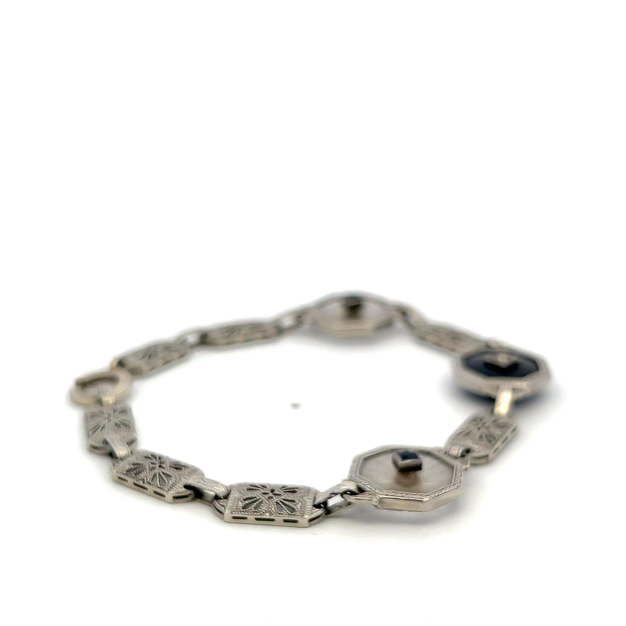 14K White Gold Filigree Bracelet 0.12ct Old European Cut Diamond 0.2ct Sapphire