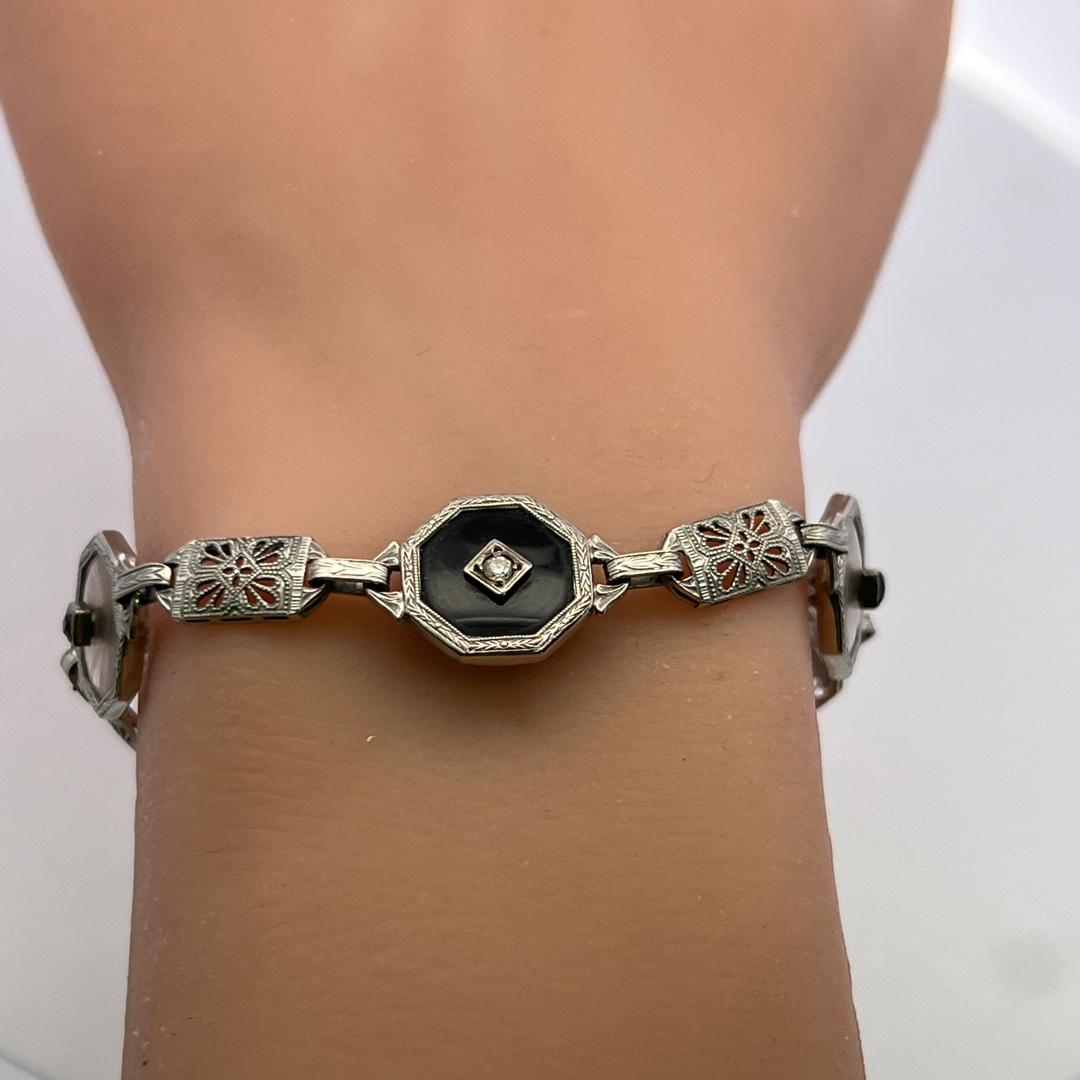 14K White Gold Filigree Bracelet 0.12ct Old European Cut Diamond 0.2ct Sapphire