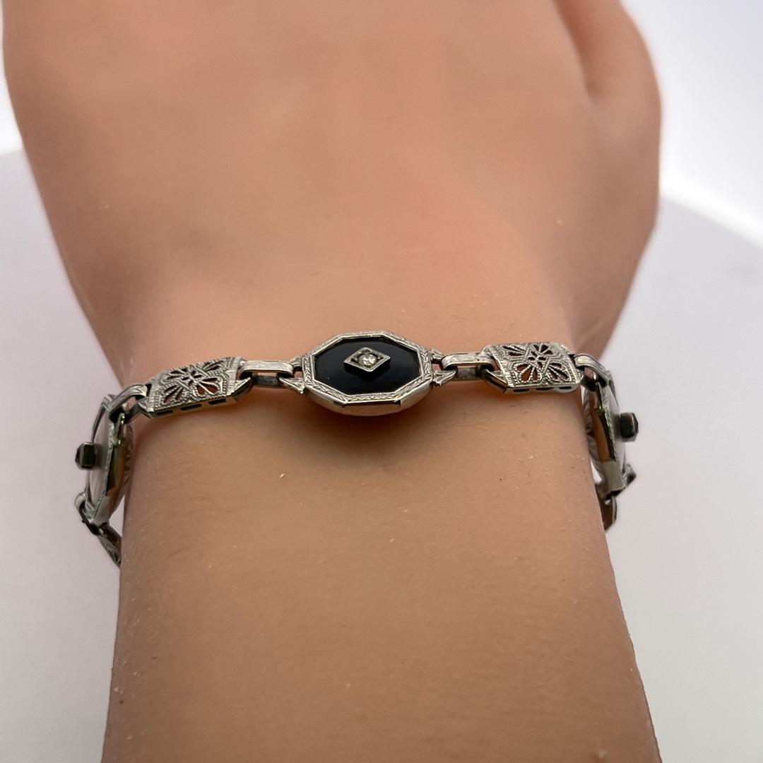 14K White Gold Filigree Bracelet 0.12ct Old European Cut Diamond 0.2ct Sapphire