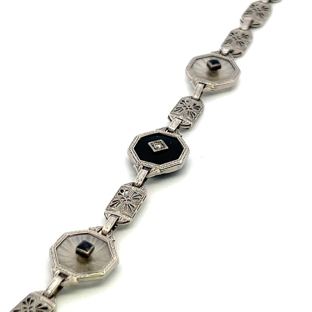 14K White Gold Filigree Bracelet 0.12ct Old European Cut Diamond 0.2ct Sapphire
