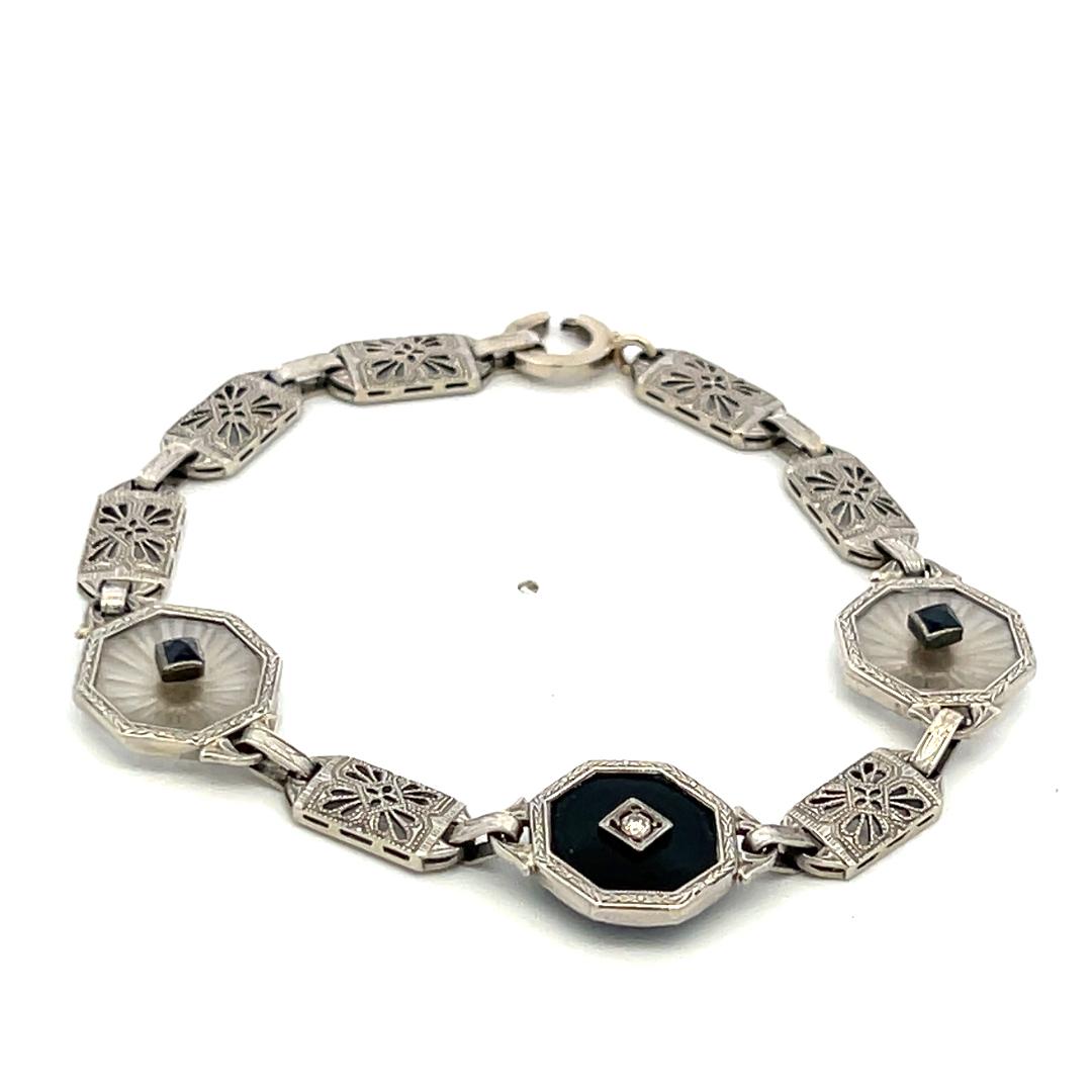 14K White Gold Filigree Bracelet 0.12ct Old European Cut Diamond 0.2ct Sapphire