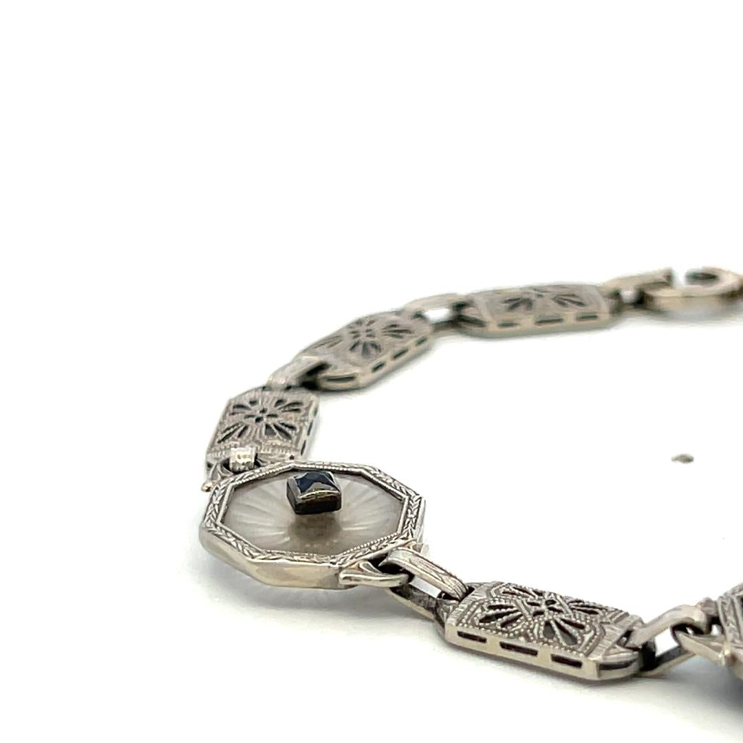 14K White Gold Filigree Bracelet 0.12ct Old European Cut Diamond 0.2ct Sapphire