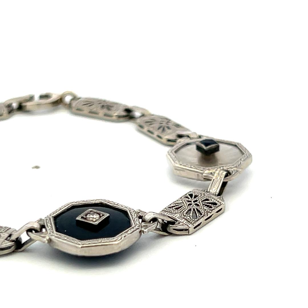 14K White Gold Filigree Bracelet 0.12ct Old European Cut Diamond 0.2ct Sapphire
