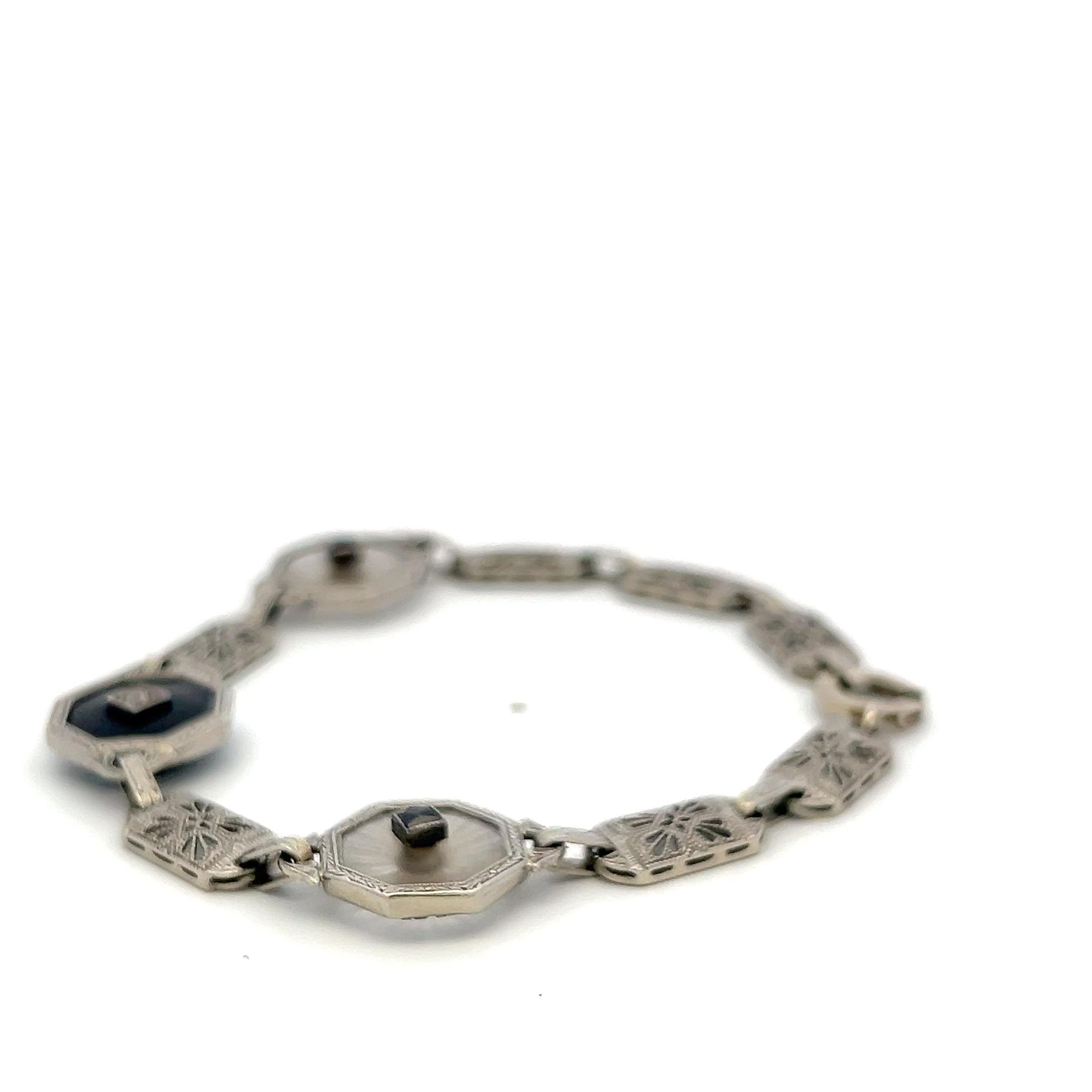 14K White Gold Filigree Bracelet 0.12ct Old European Cut Diamond 0.2ct Sapphire