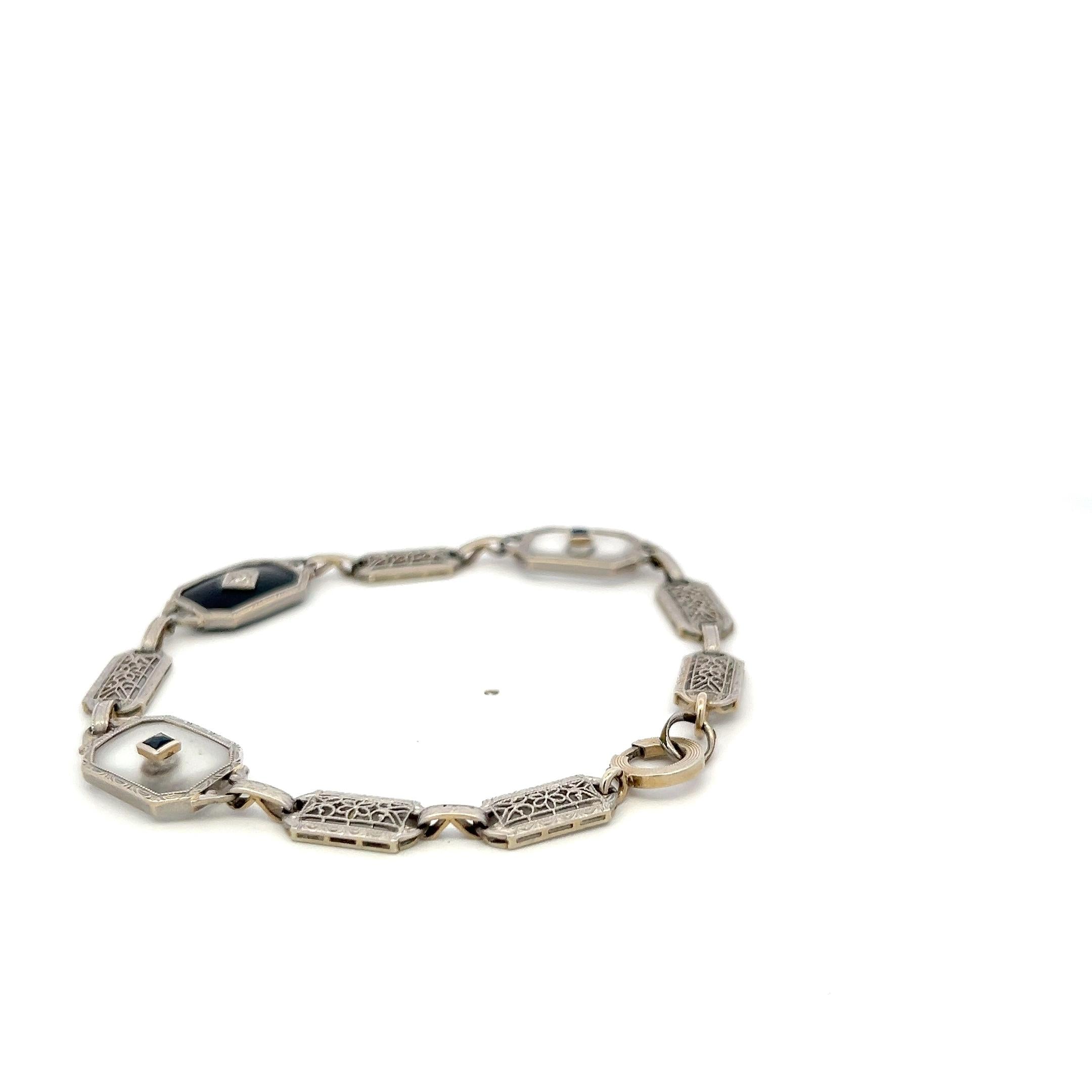 14K WG Filigree Bracelet with 0.12ct Old European Diamonds & 0.2ct Sapphire