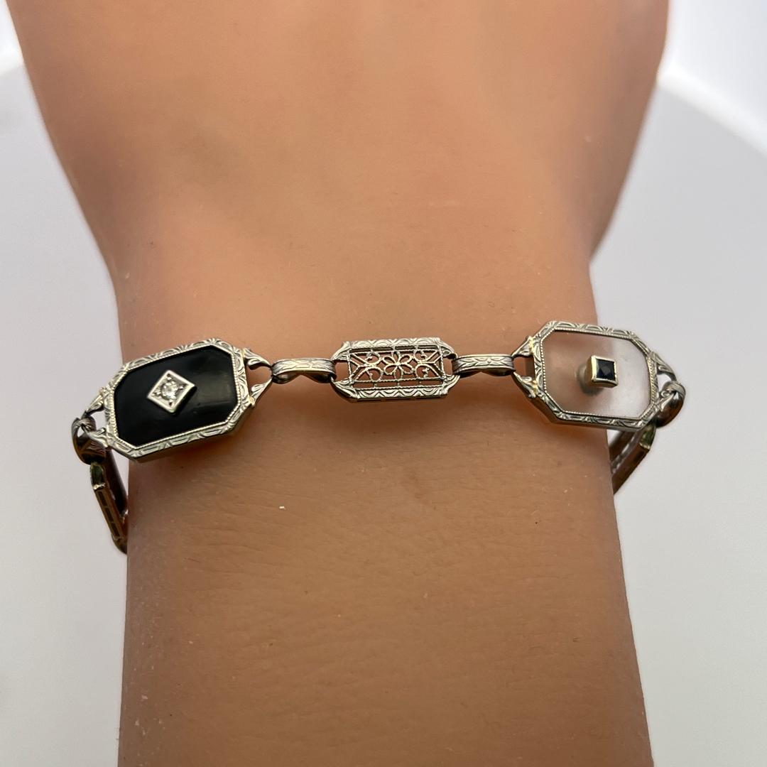 14K WG Filigree Bracelet with 0.12ct Old European Diamonds & 0.2ct Sapphire