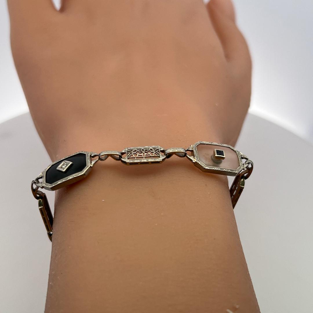 14K WG Filigree Bracelet with 0.12ct Old European Diamonds & 0.2ct Sapphire