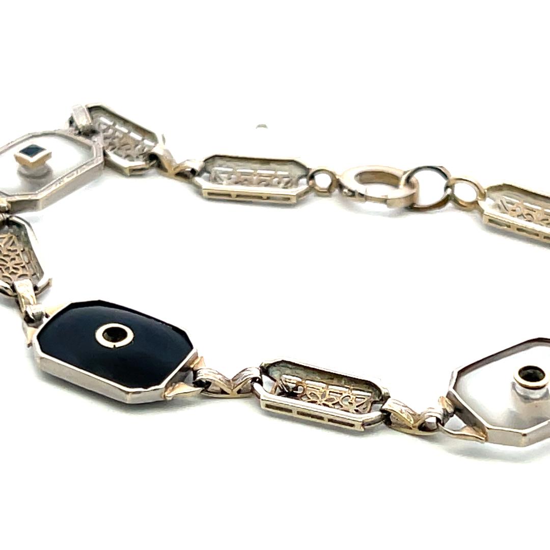 14K WG Filigree Bracelet with 0.12ct Old European Diamonds & 0.2ct Sapphire