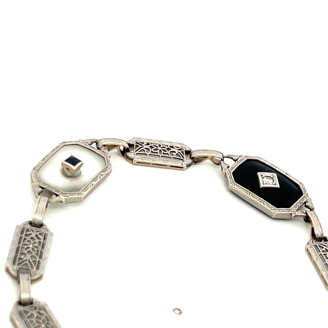 14K WG Filigree Bracelet with 0.12ct Old European Diamonds & 0.2ct Sapphire