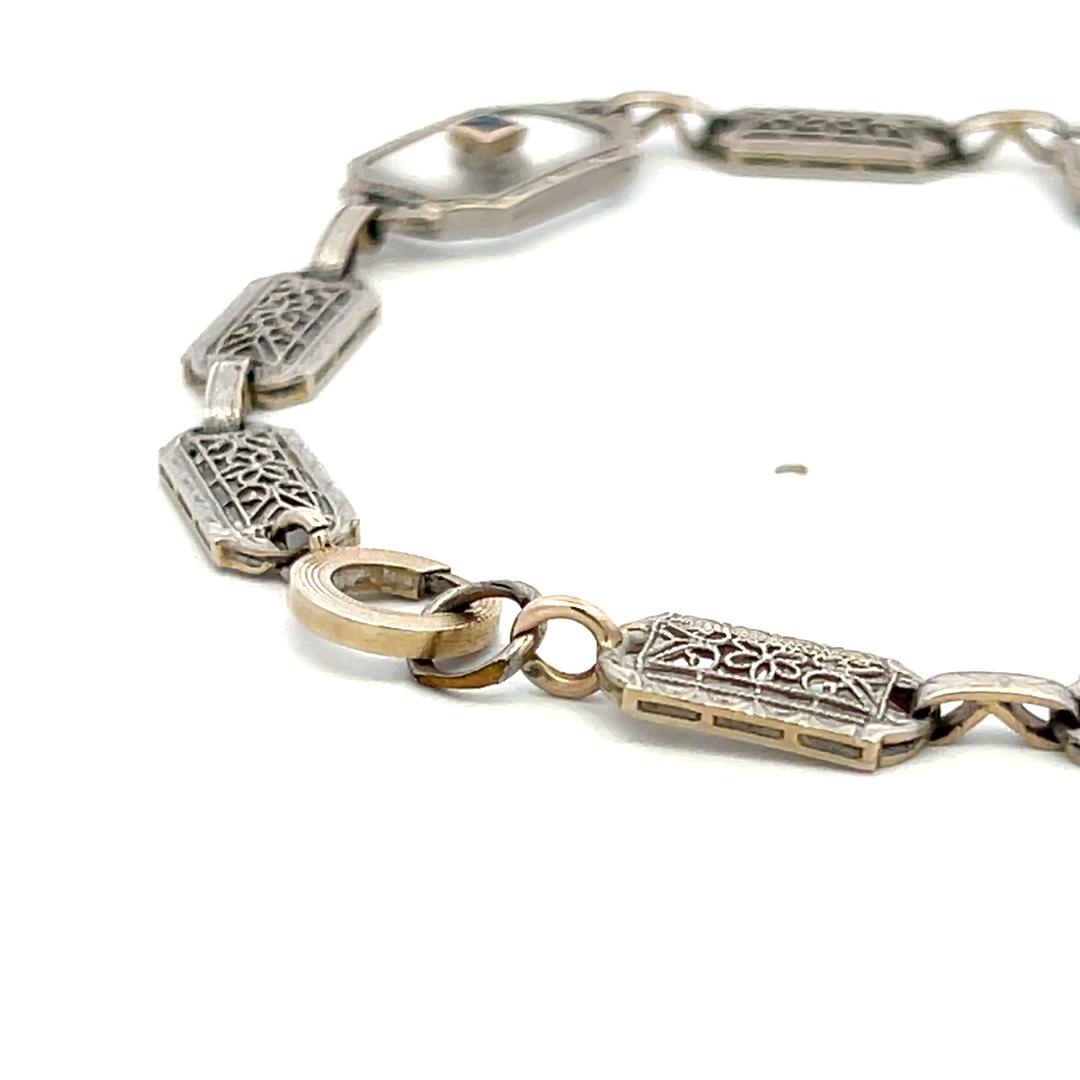 14K WG Filigree Bracelet with 0.12ct Old European Diamonds & 0.2ct Sapphire