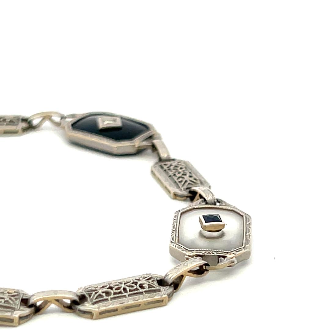 14K WG Filigree Bracelet with 0.12ct Old European Diamonds & 0.2ct Sapphire
