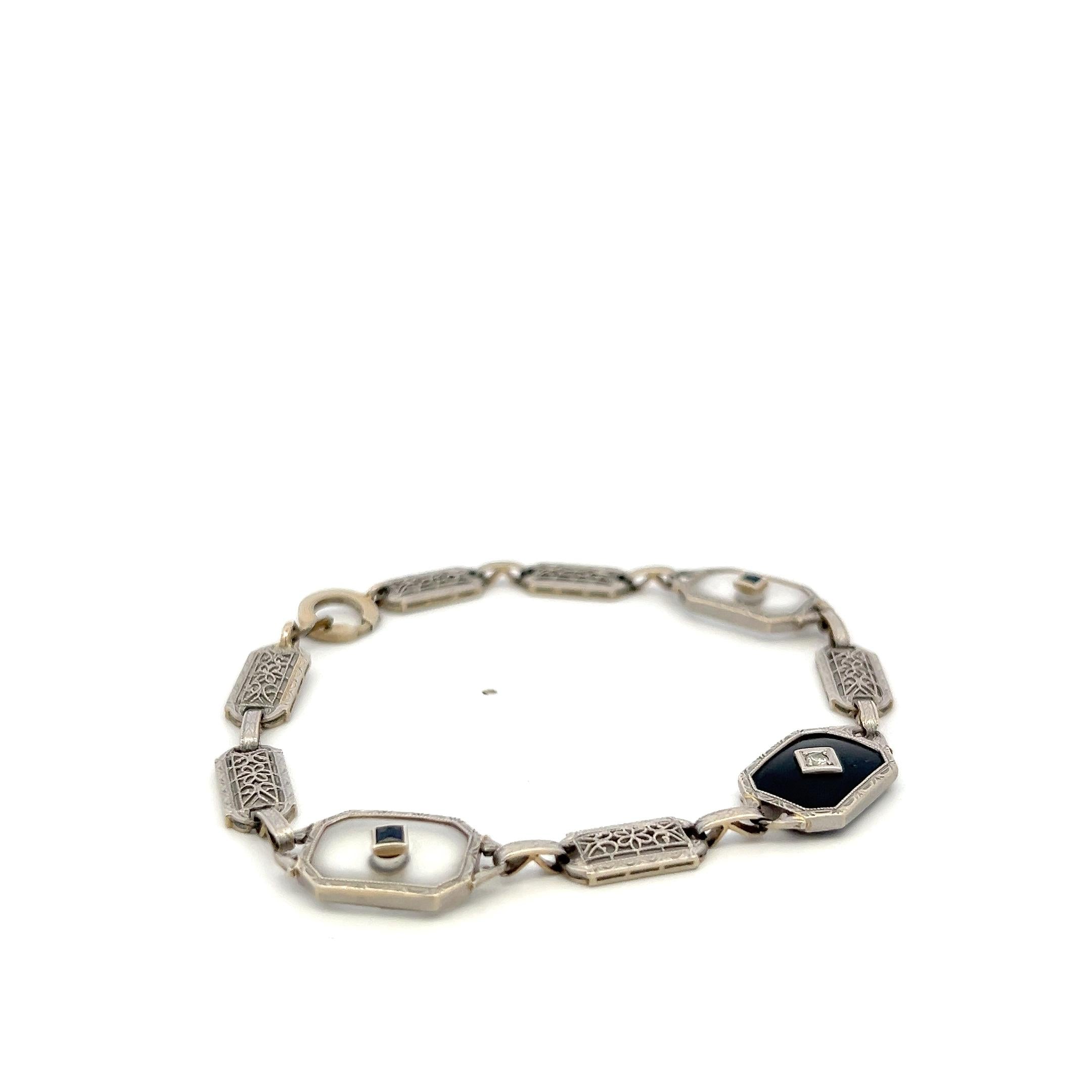 14K WG Filigree Bracelet with 0.12ct Old European Diamonds & 0.2ct Sapphire