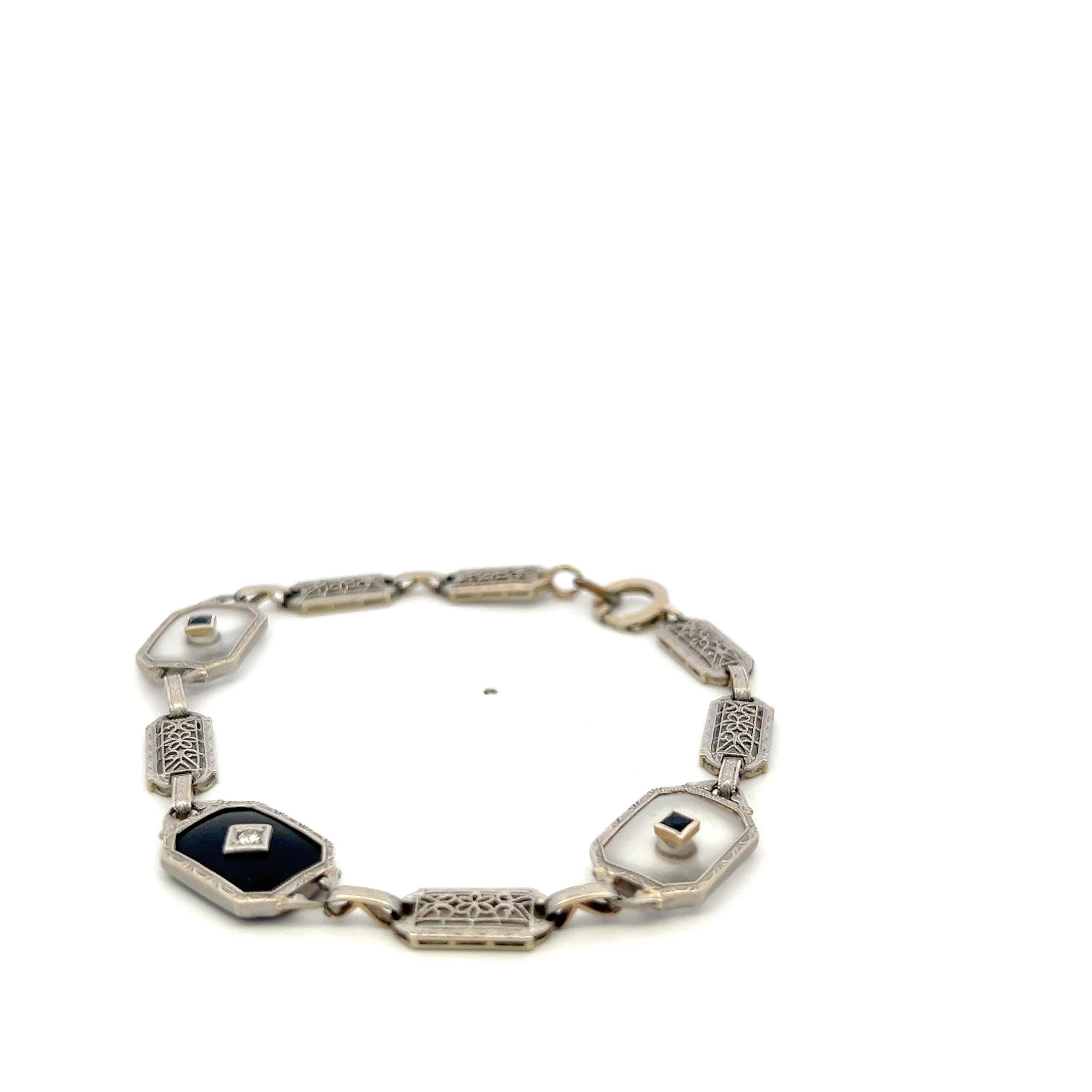 14K WG Filigree Bracelet with 0.12ct Old European Diamonds & 0.2ct Sapphire