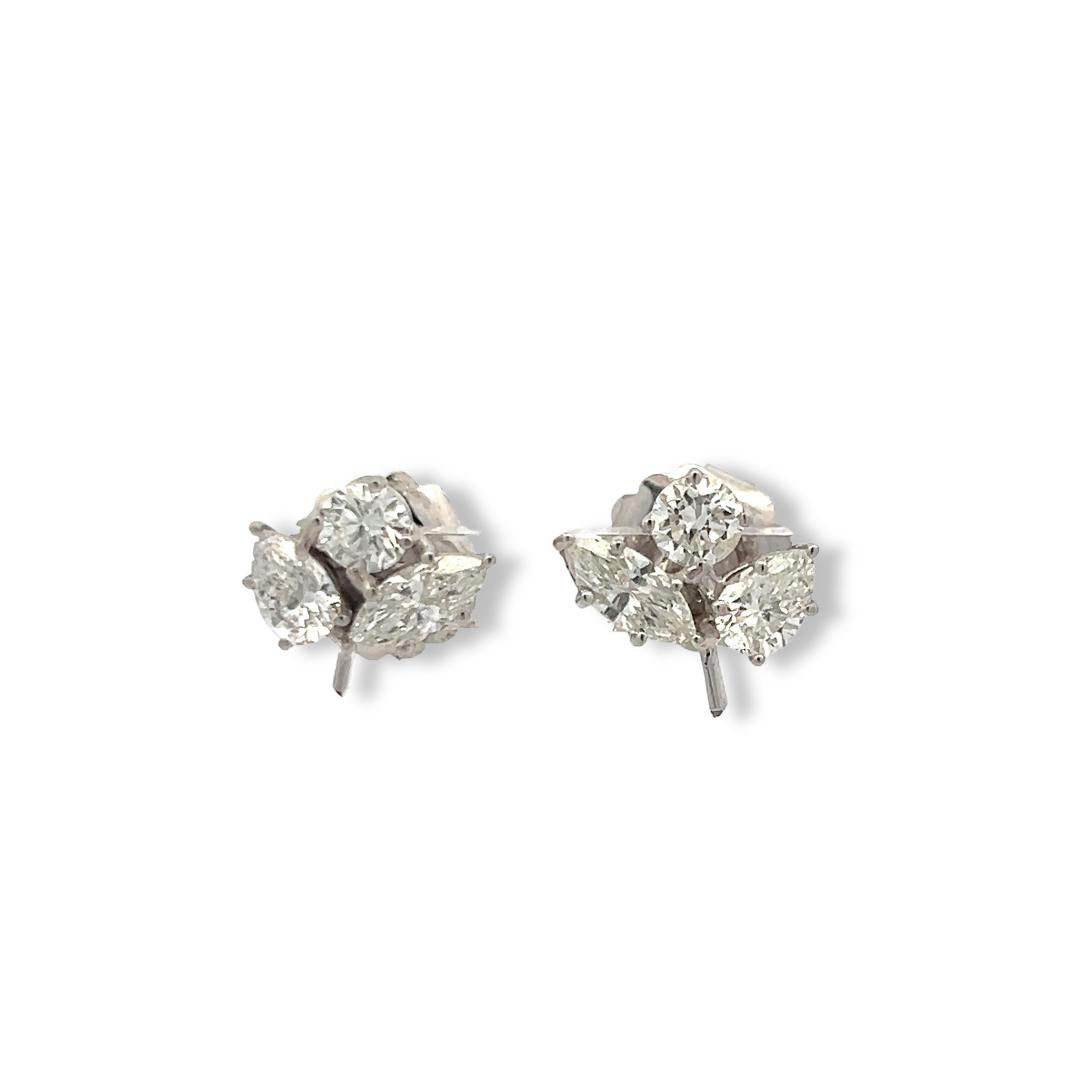 Vintage unique 14K White Gold Cluster Earrings 2.1 Carat Mix shape Diamonds