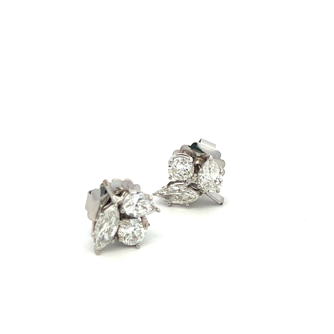 Vintage unique 14K White Gold Cluster Earrings 2.1 Carat Mix shape Diamonds