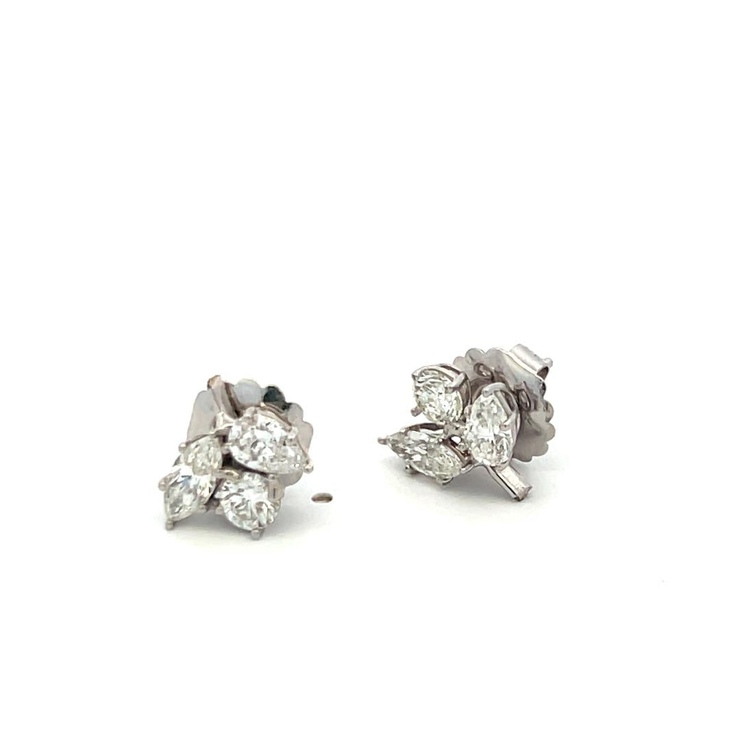 Vintage unique 14K White Gold Cluster Earrings 2.1 Carat Mix shape Diamonds