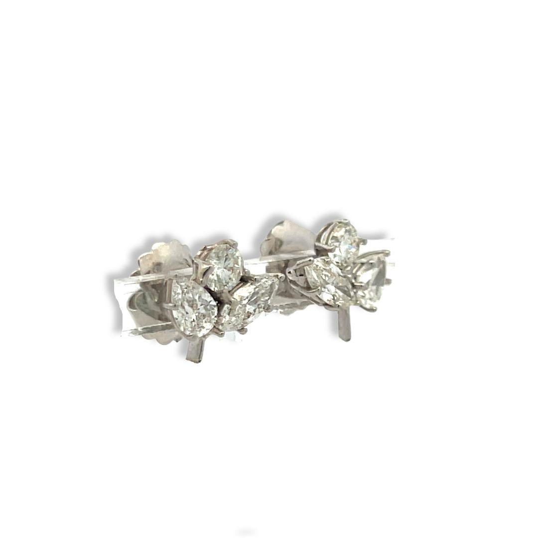 Vintage unique 14K White Gold Cluster Earrings 2.1 Carat Mix shape Diamonds