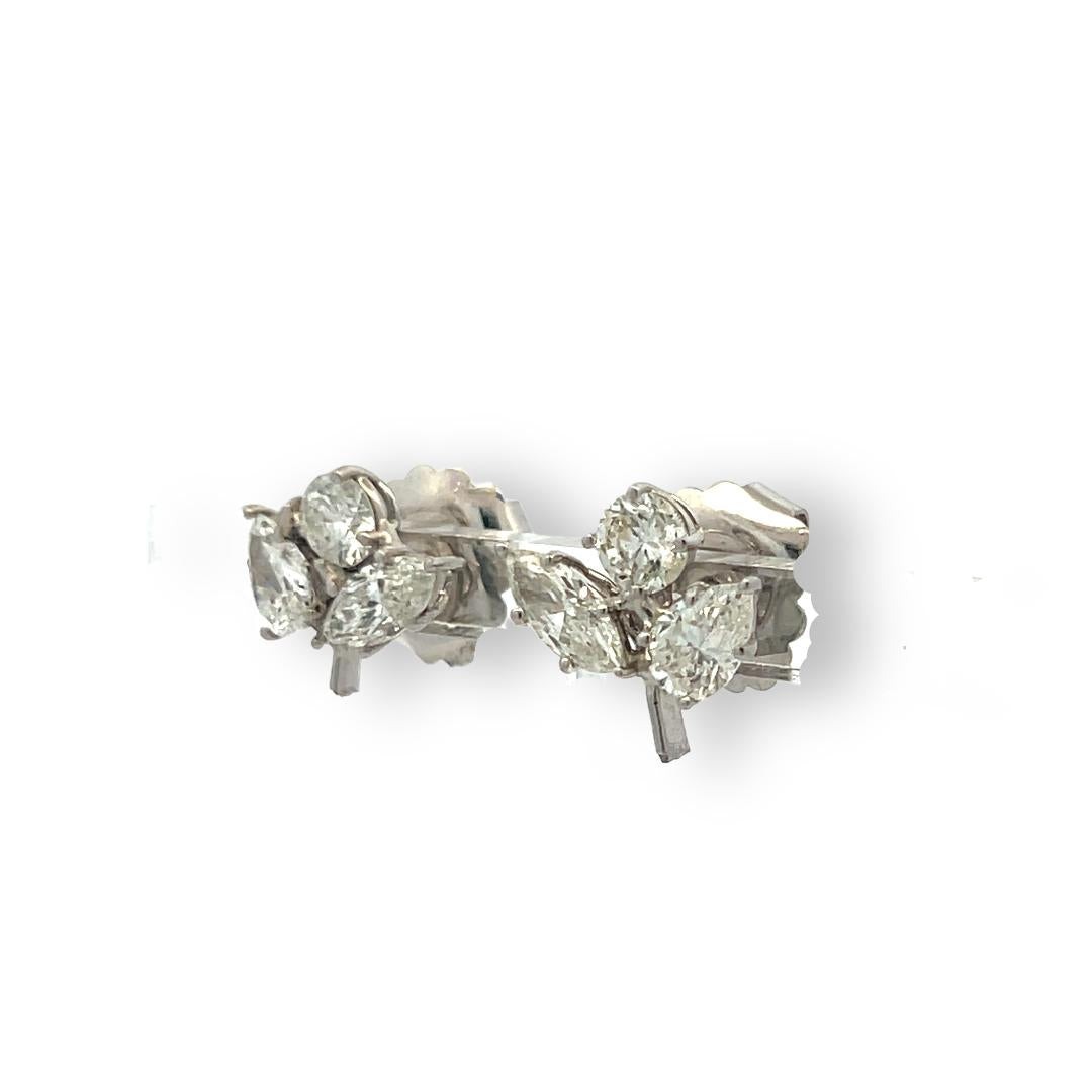 Vintage unique 14K White Gold Cluster Earrings 2.1 Carat Mix shape Diamonds