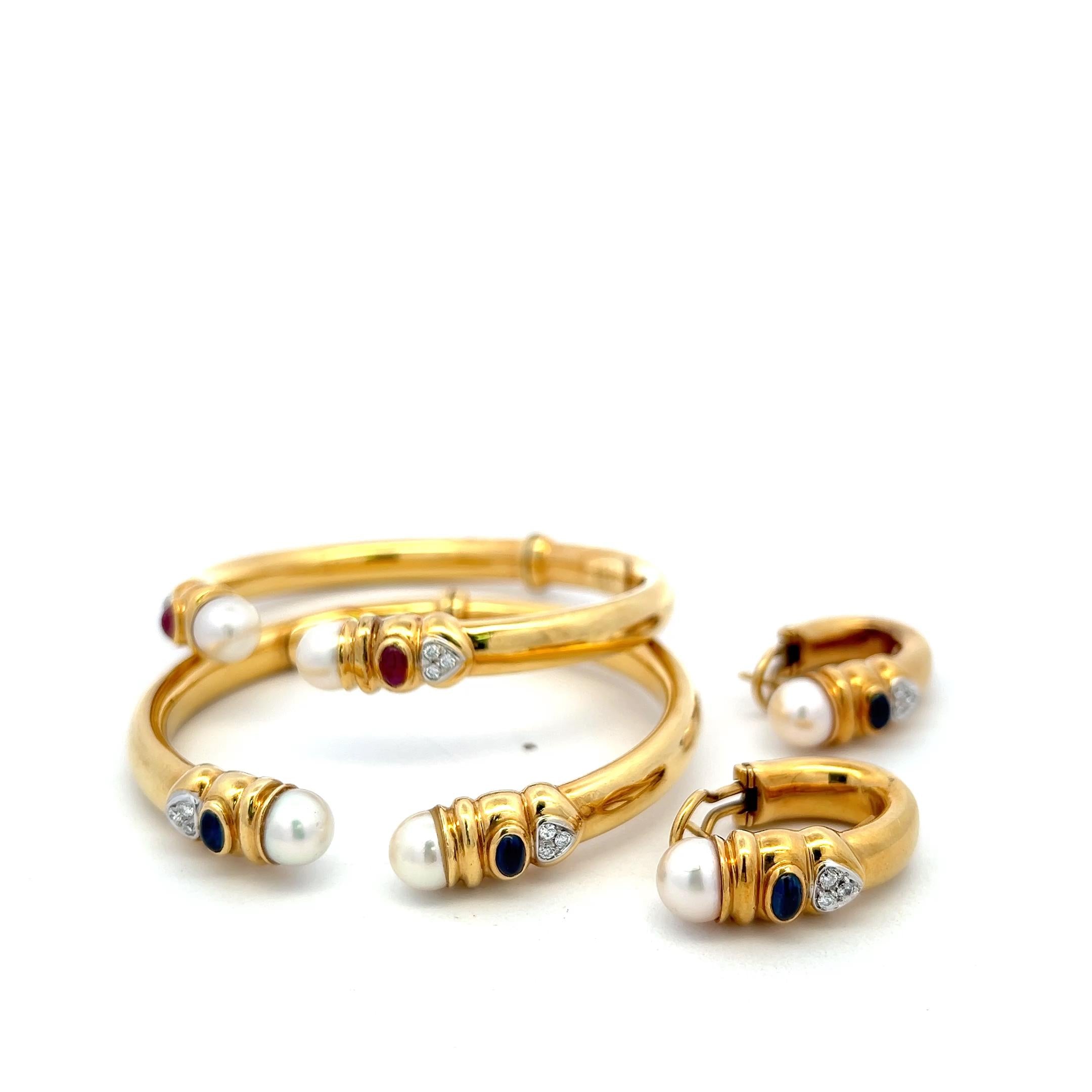 18K YG Bangle Bracelet & Earrings Set 0.45ct Diamond 0.8ct Sapphire & Multi gems