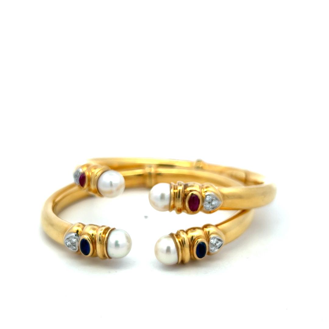 18K YG Bangle Bracelet & Earrings Set 0.45ct Diamond 0.8ct Sapphire & Multi gems