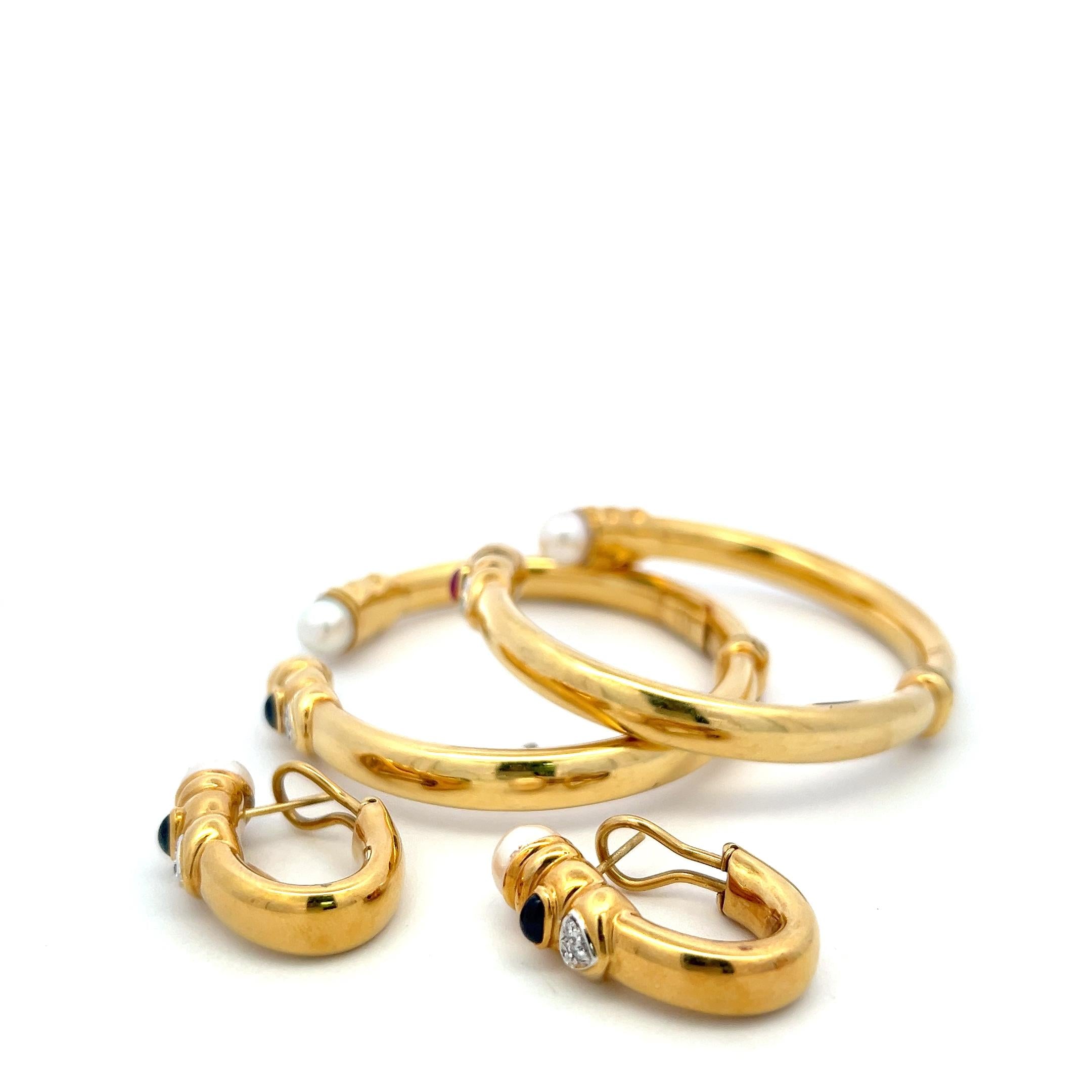 18K YG Bangle Bracelet & Earrings Set 0.45ct Diamond 0.8ct Sapphire & Multi gems