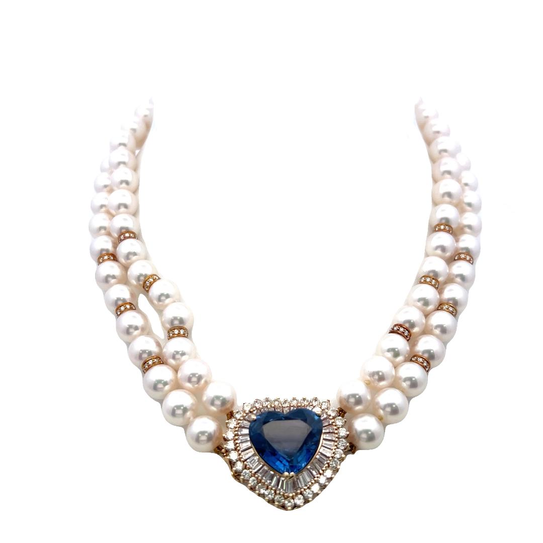 18K YG Heart Shape Choker Necklace with 4ct Mixed Cut Diamonds & 12.8ctSapphire