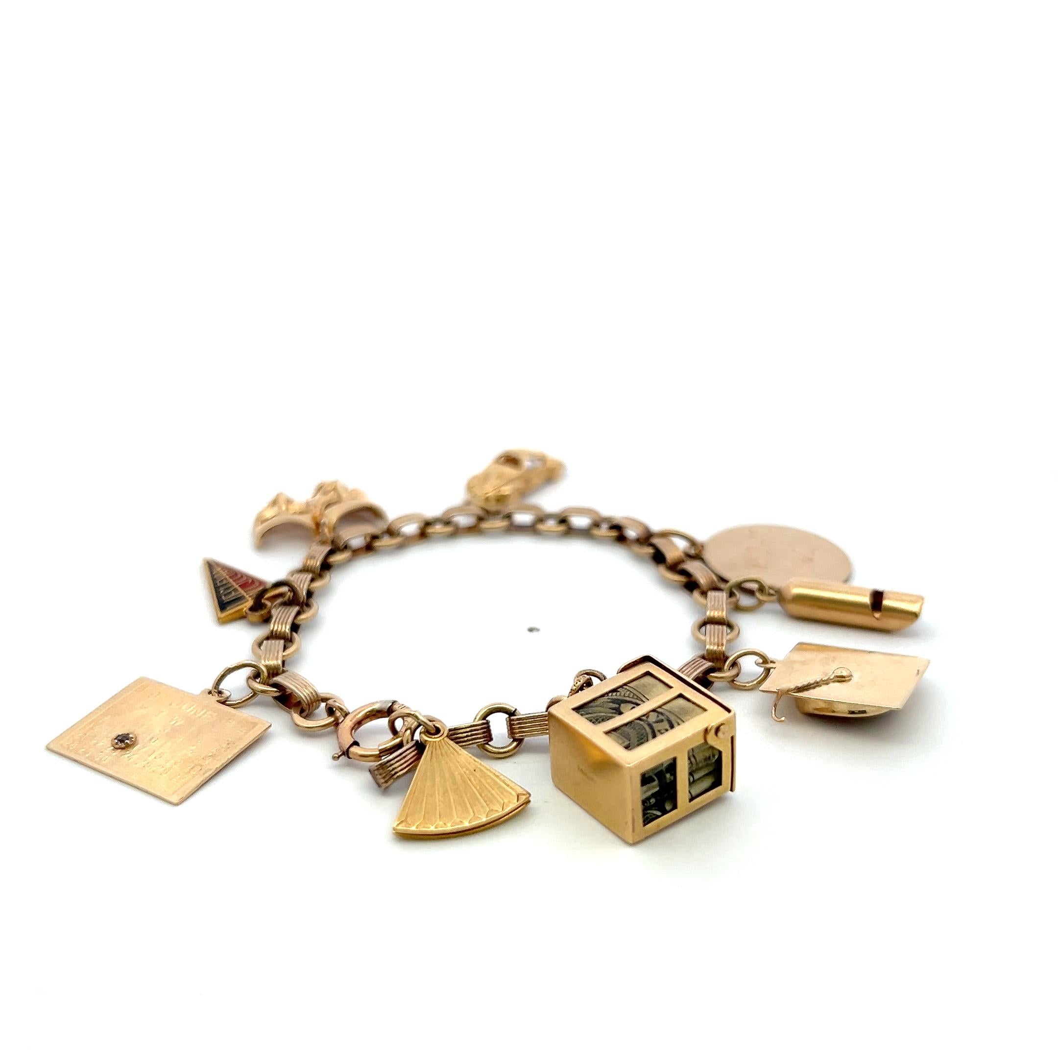 Vintage 14K Yellow Gold Charm Bracelet 7x0.85x0.41 Inch 24.6 Grams