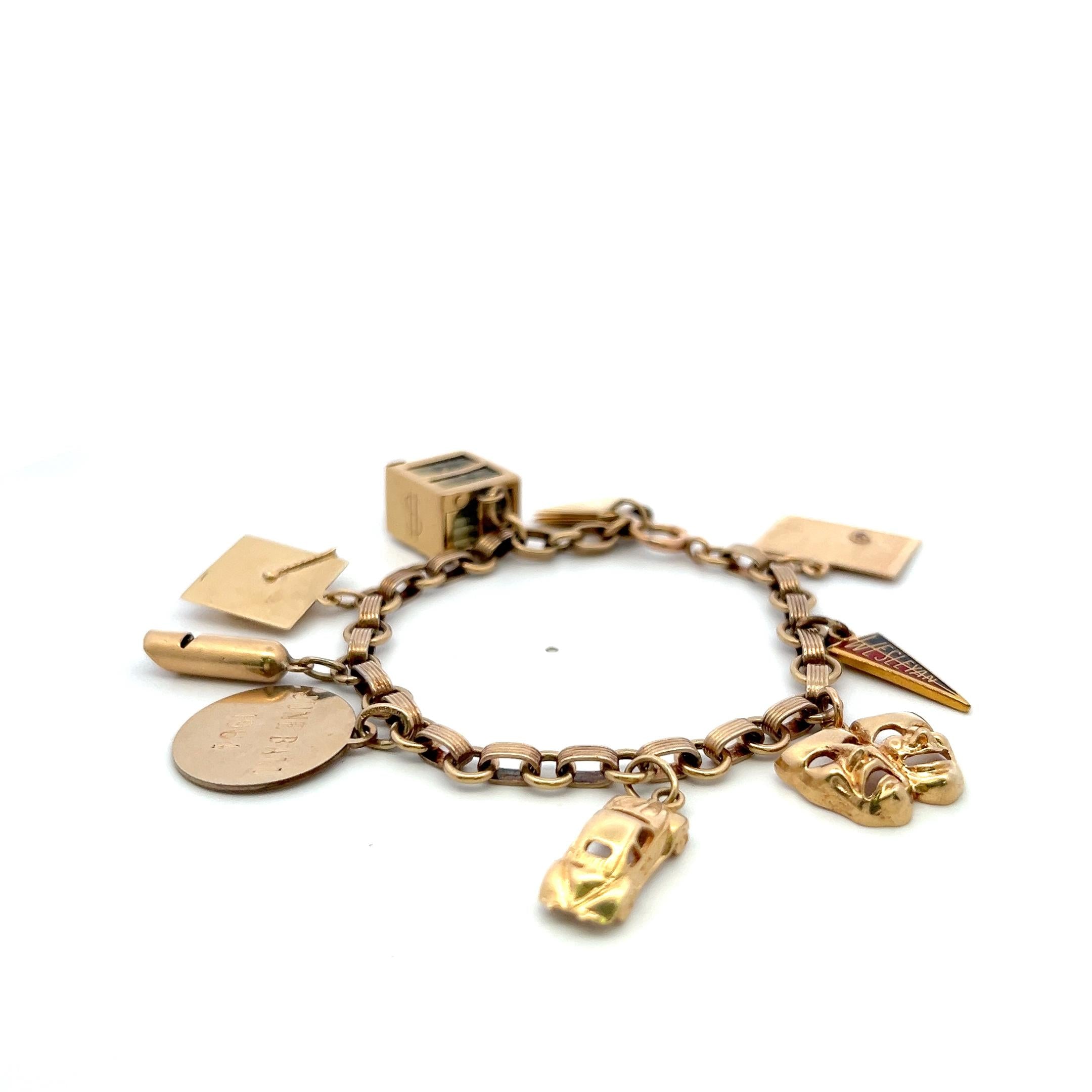 Vintage 14K Yellow Gold Charm Bracelet 7x0.85x0.41 Inch 24.6 Grams