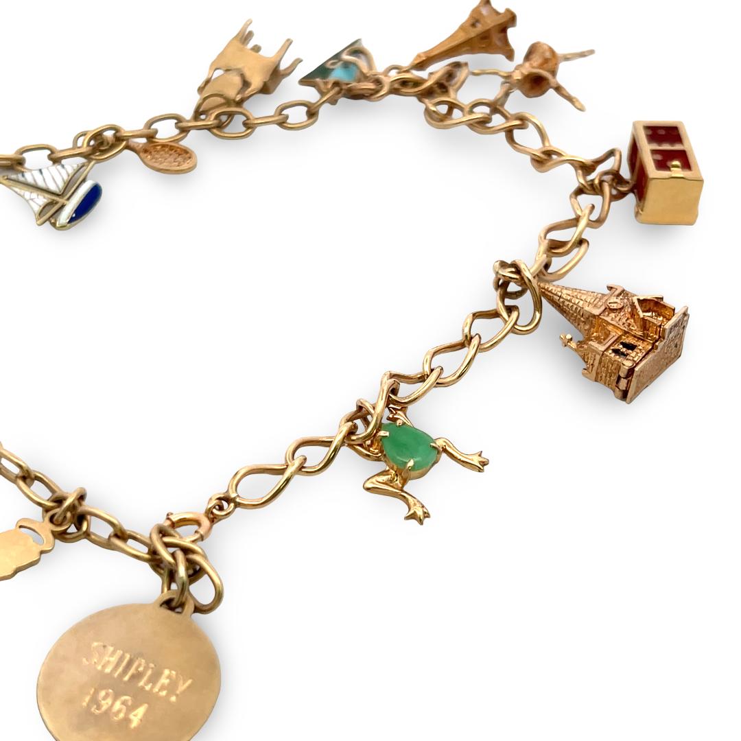 14K Yellow Gold Charm Necklace with 0.35 Carat Pear Shaped Jade 39.18 Grams