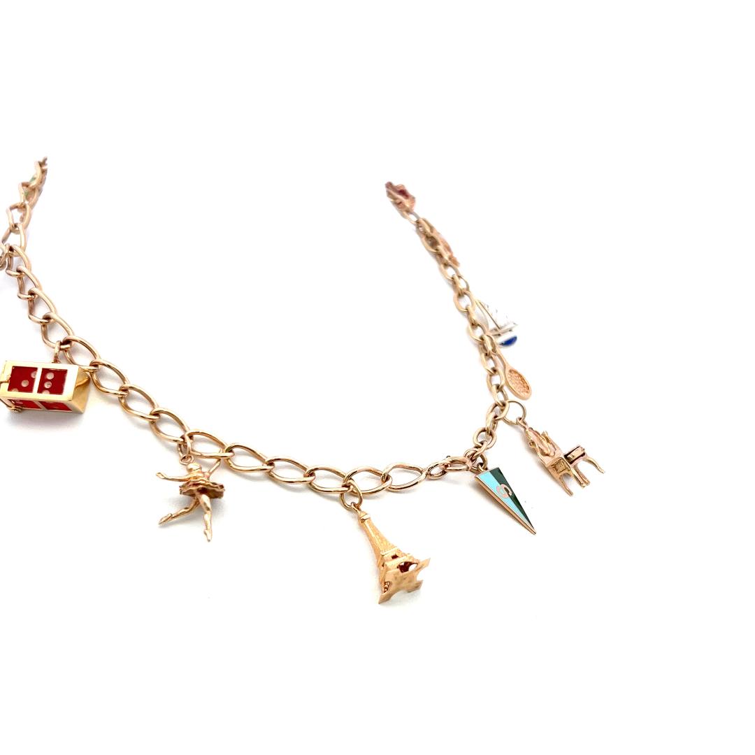 14K Yellow Gold Charm Necklace with 0.35 Carat Pear Shaped Jade 39.18 Grams