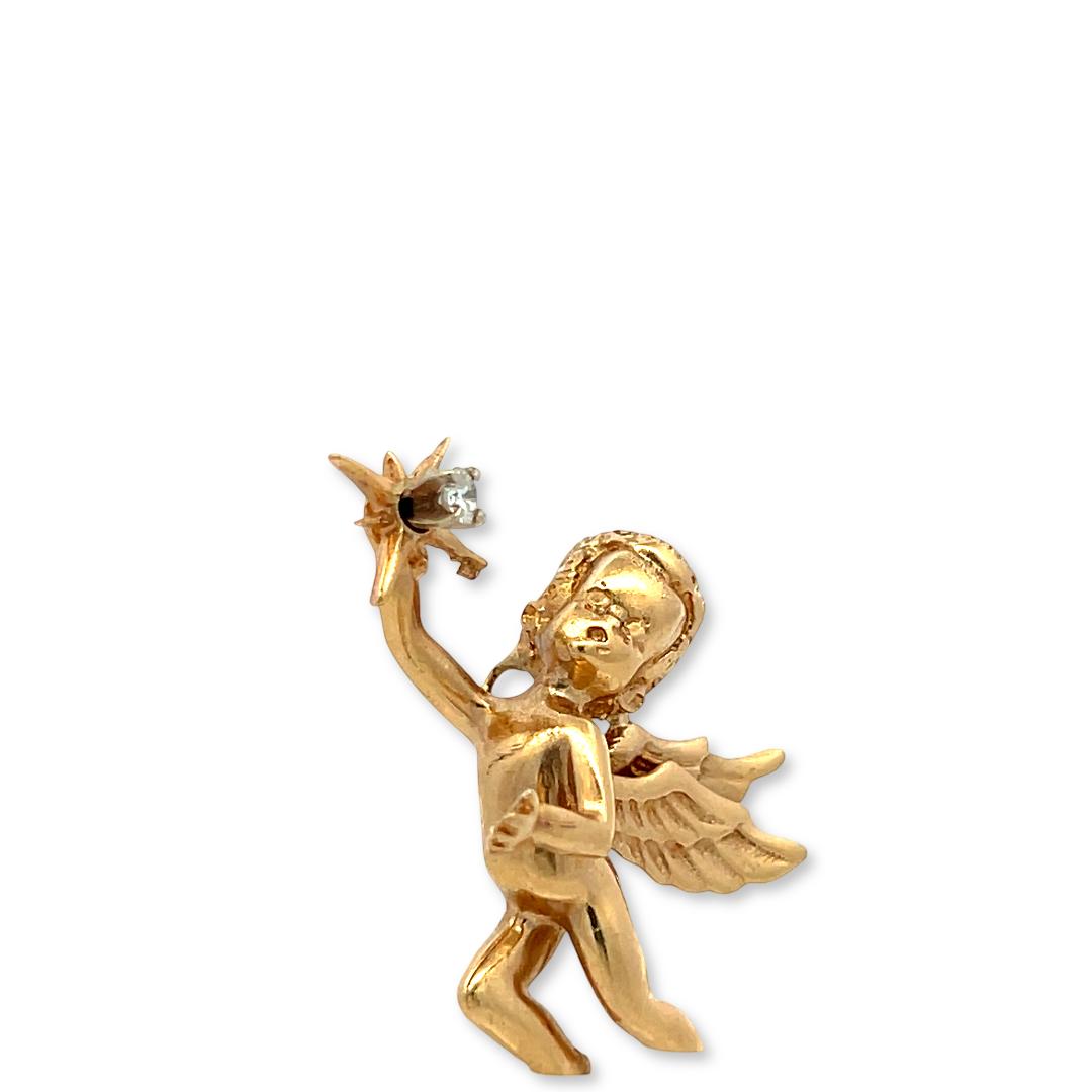 Vintage 14K Yellow Gold Winged Cherub Pin Brooch with 0.06 Carat Round Diamonds