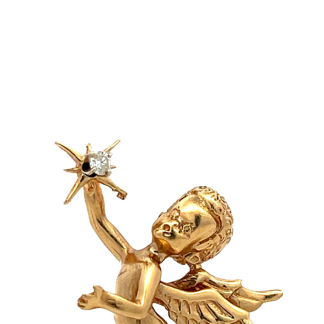 Vintage 14K Yellow Gold Winged Cherub Pin Brooch with 0.06 Carat Round Diamonds