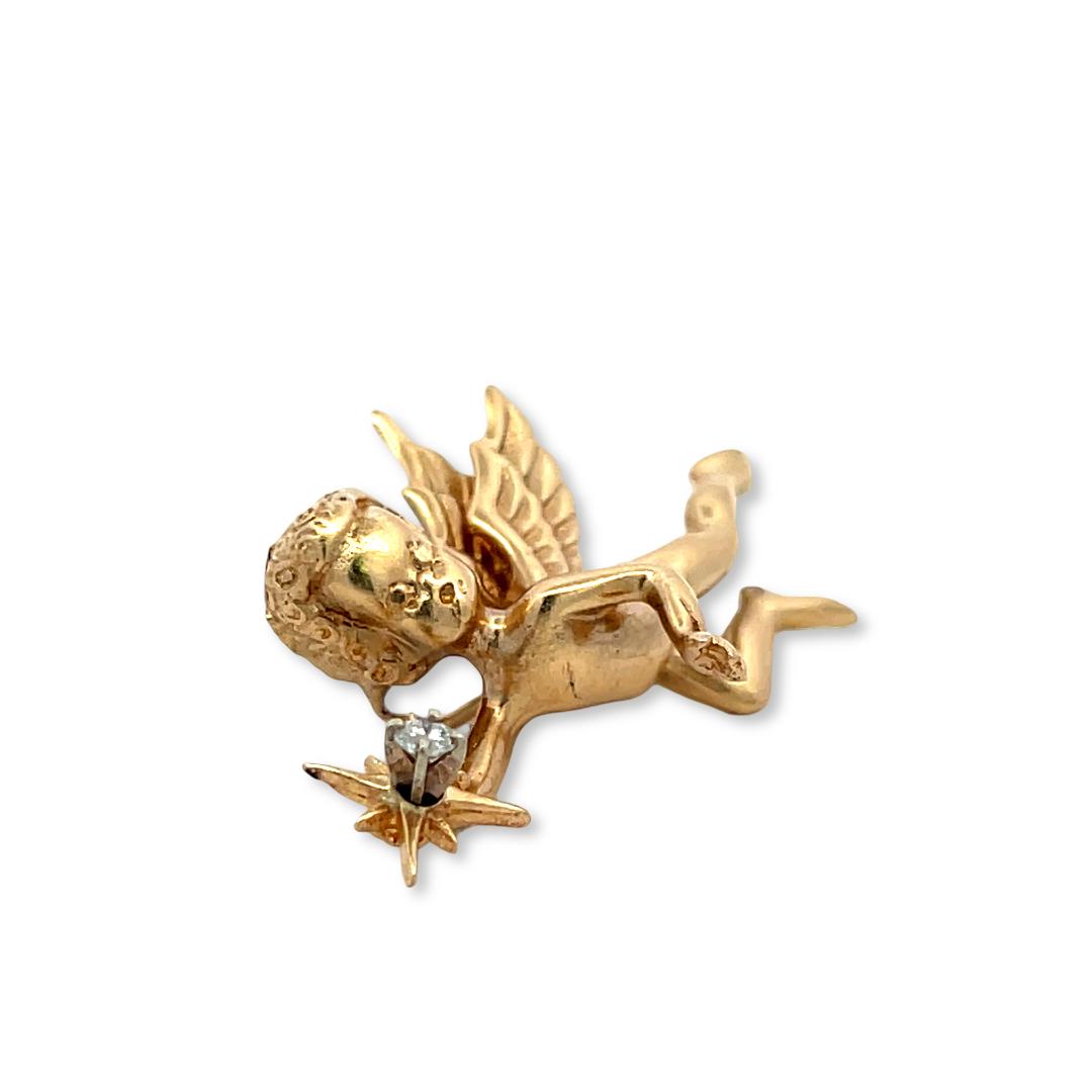 Vintage 14K Yellow Gold Winged Cherub Pin Brooch with 0.06 Carat Round Diamonds