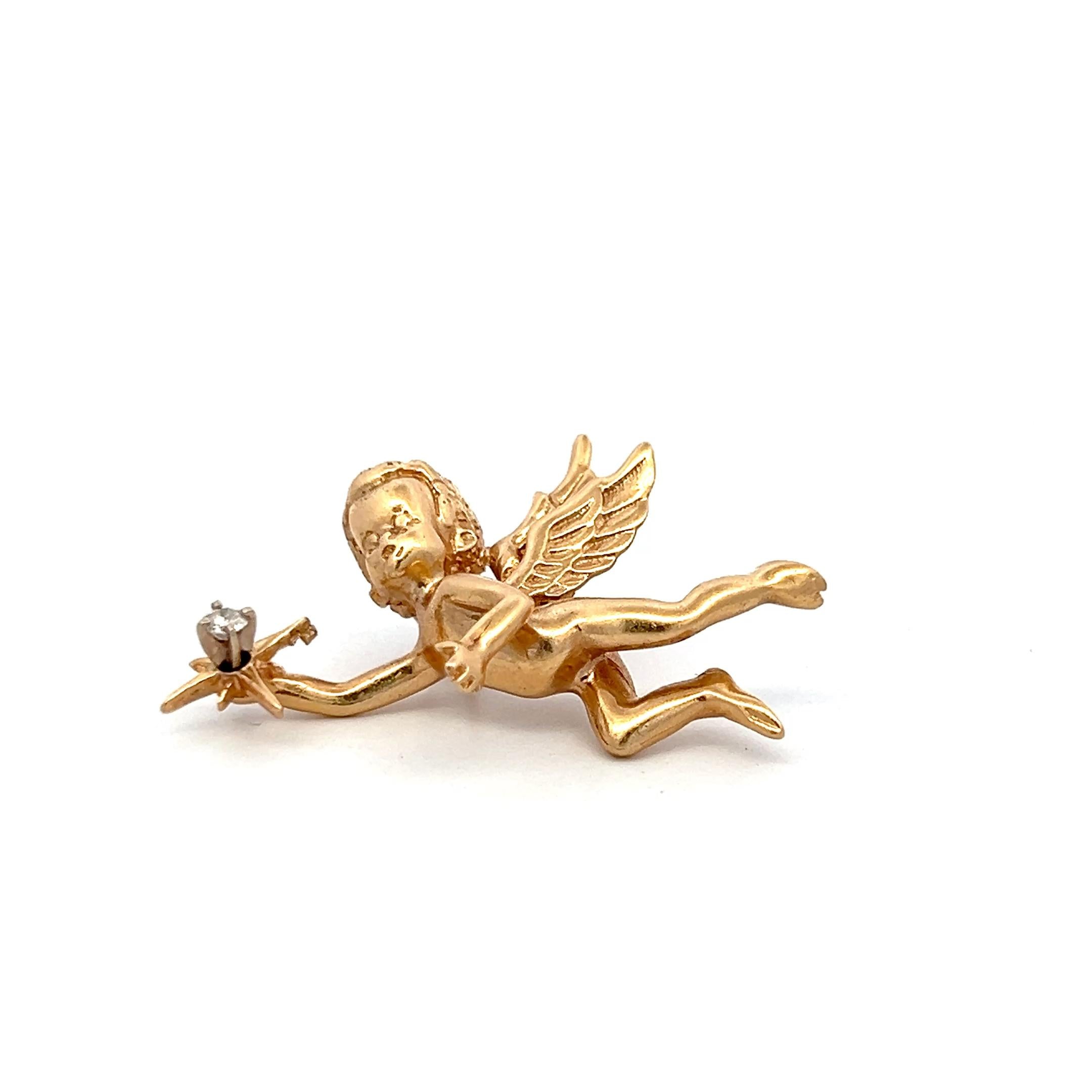 Vintage 14K Yellow Gold Winged Cherub Pin Brooch with 0.06 Carat Round Diamonds