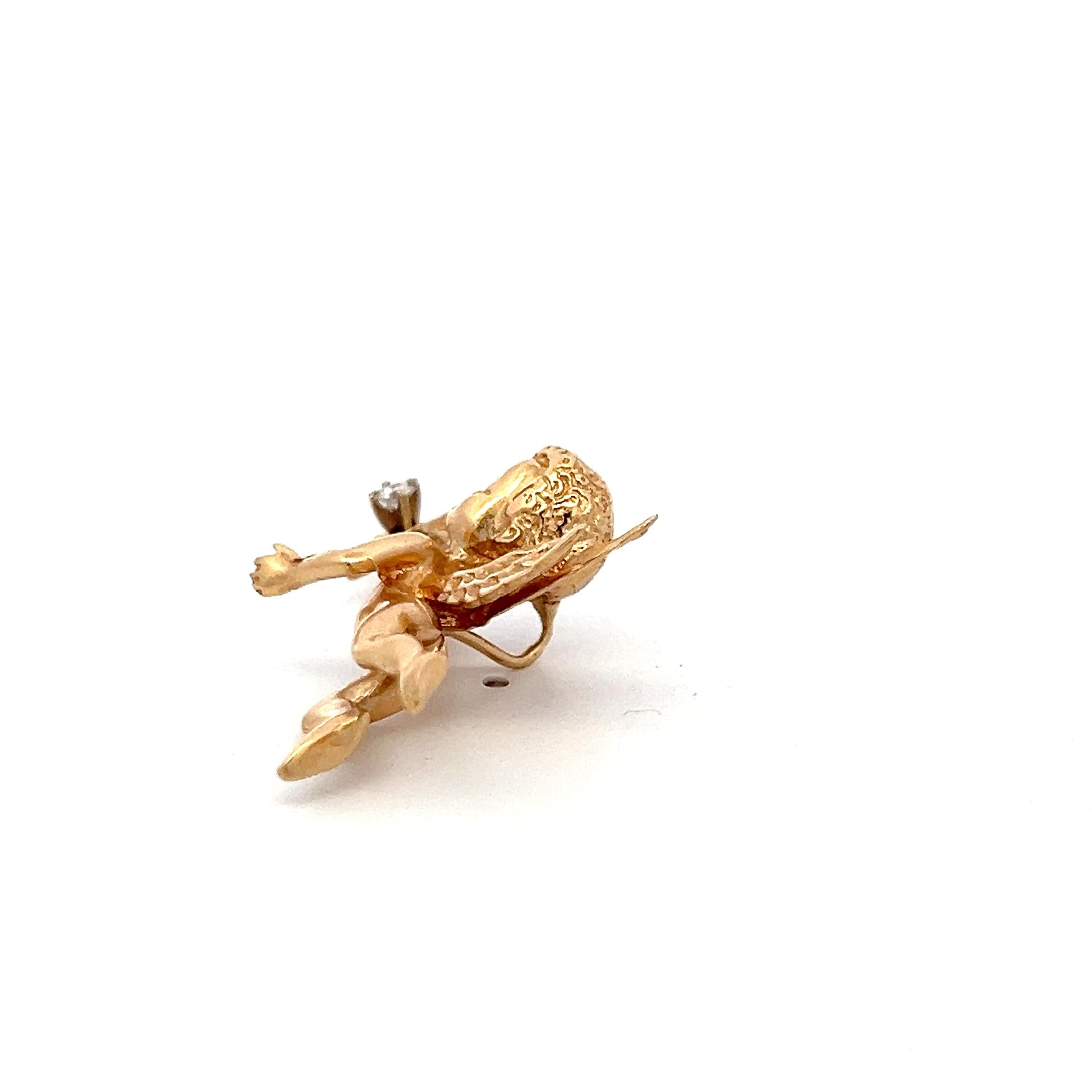 Vintage 14K Yellow Gold Winged Cherub Pin Brooch with 0.06 Carat Round Diamonds