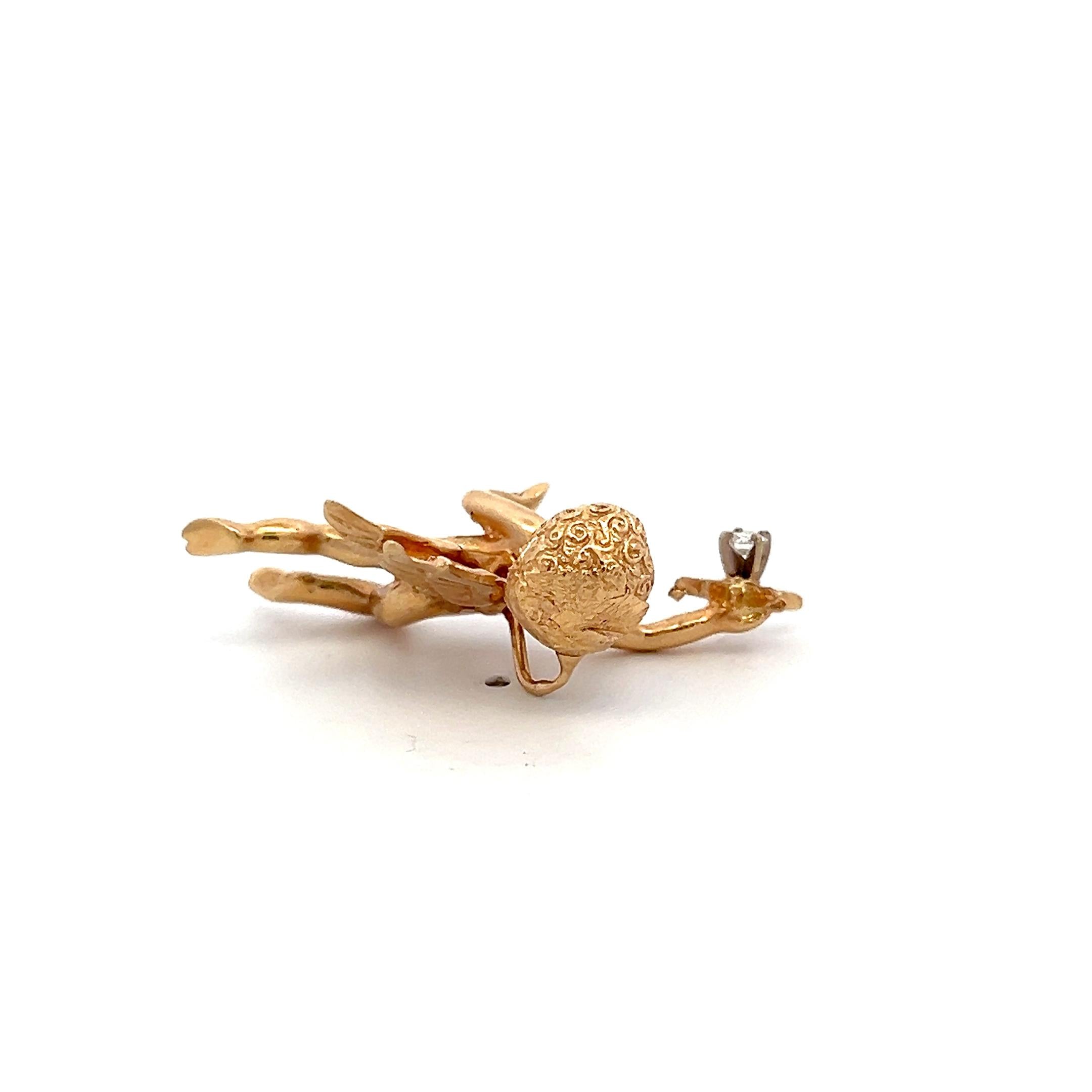 Vintage 14K Yellow Gold Winged Cherub Pin Brooch with 0.06 Carat Round Diamonds