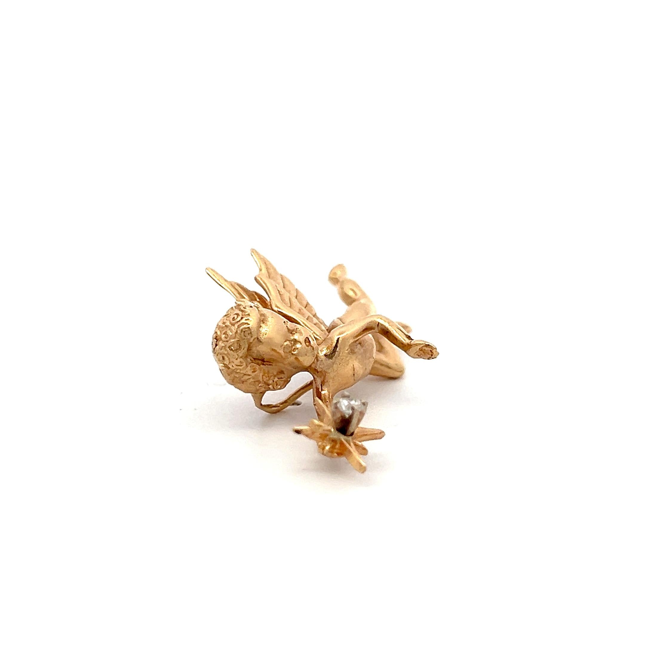 Vintage 14K Yellow Gold Winged Cherub Pin Brooch with 0.06 Carat Round Diamonds