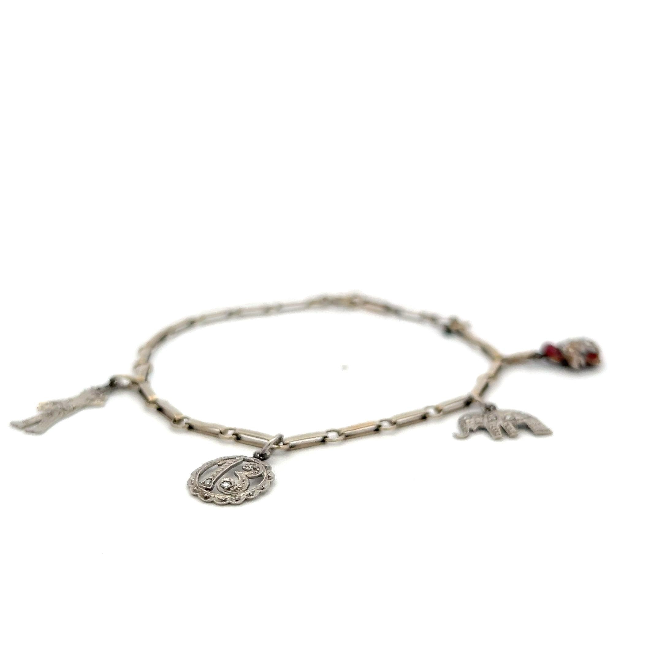 Vintage 14K White Gold Charm Bracelet with 0.1 Carat Rose Cut I SI Diamonds