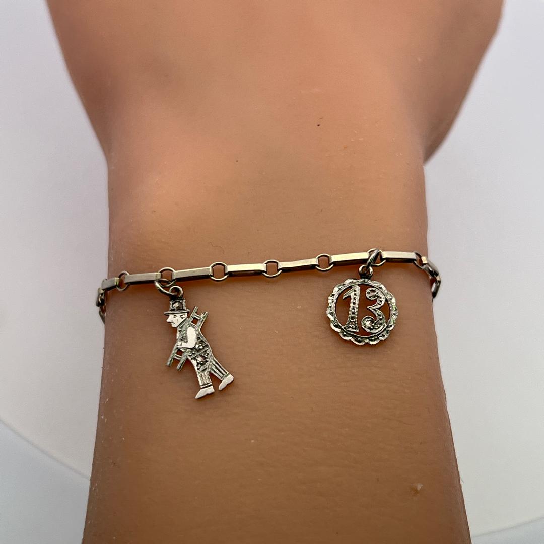 Vintage 14K White Gold Charm Bracelet with 0.1 Carat Rose Cut I SI Diamonds