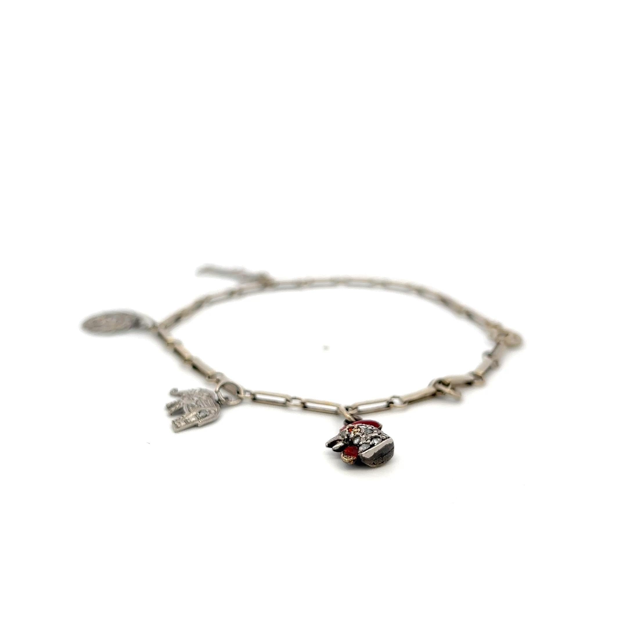 Vintage 14K White Gold Charm Bracelet with 0.1 Carat Rose Cut I SI Diamonds